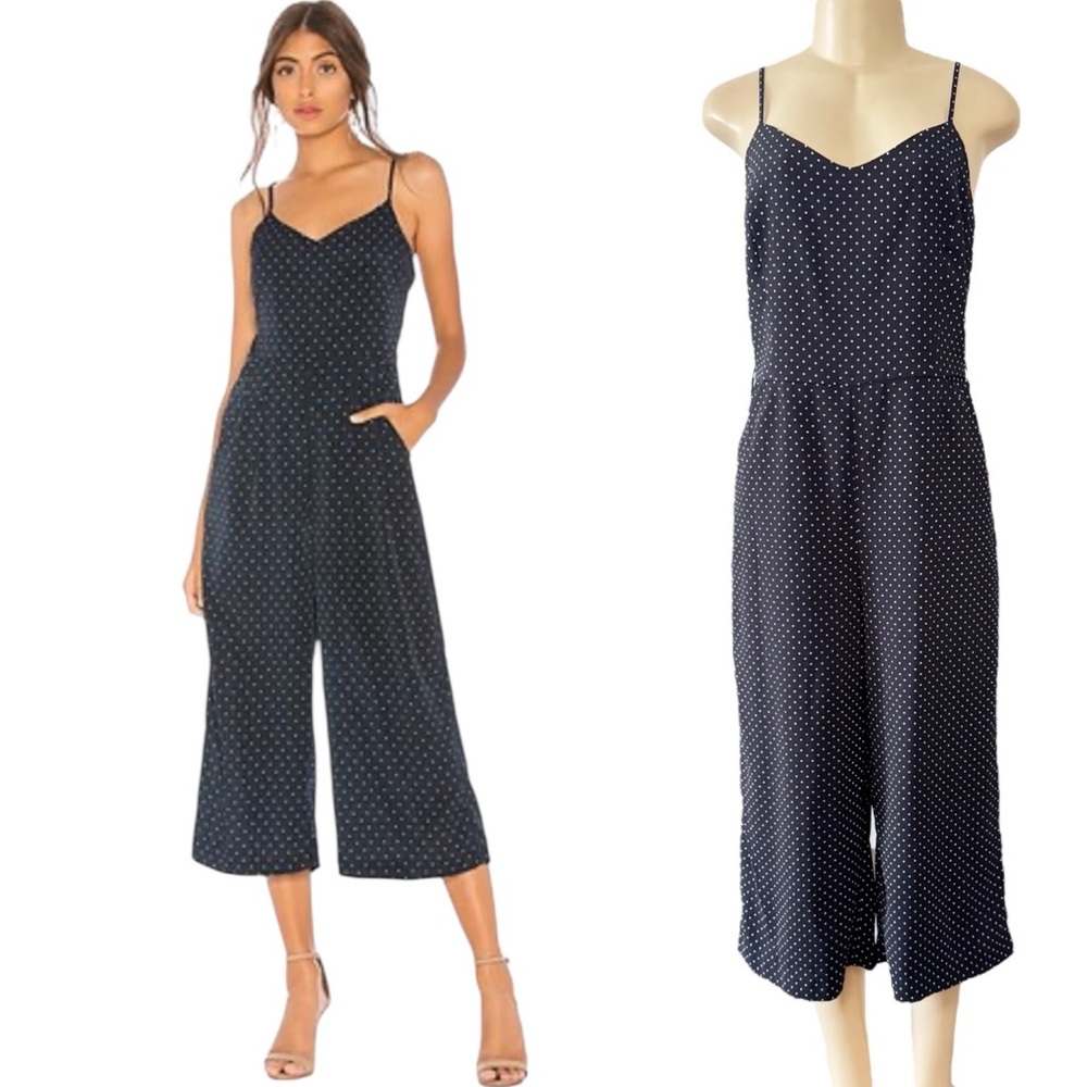 Carolina Belle Navy Dot Polkadot Adjustable Spaghetti Strap Crop Jumpsuit Pocket